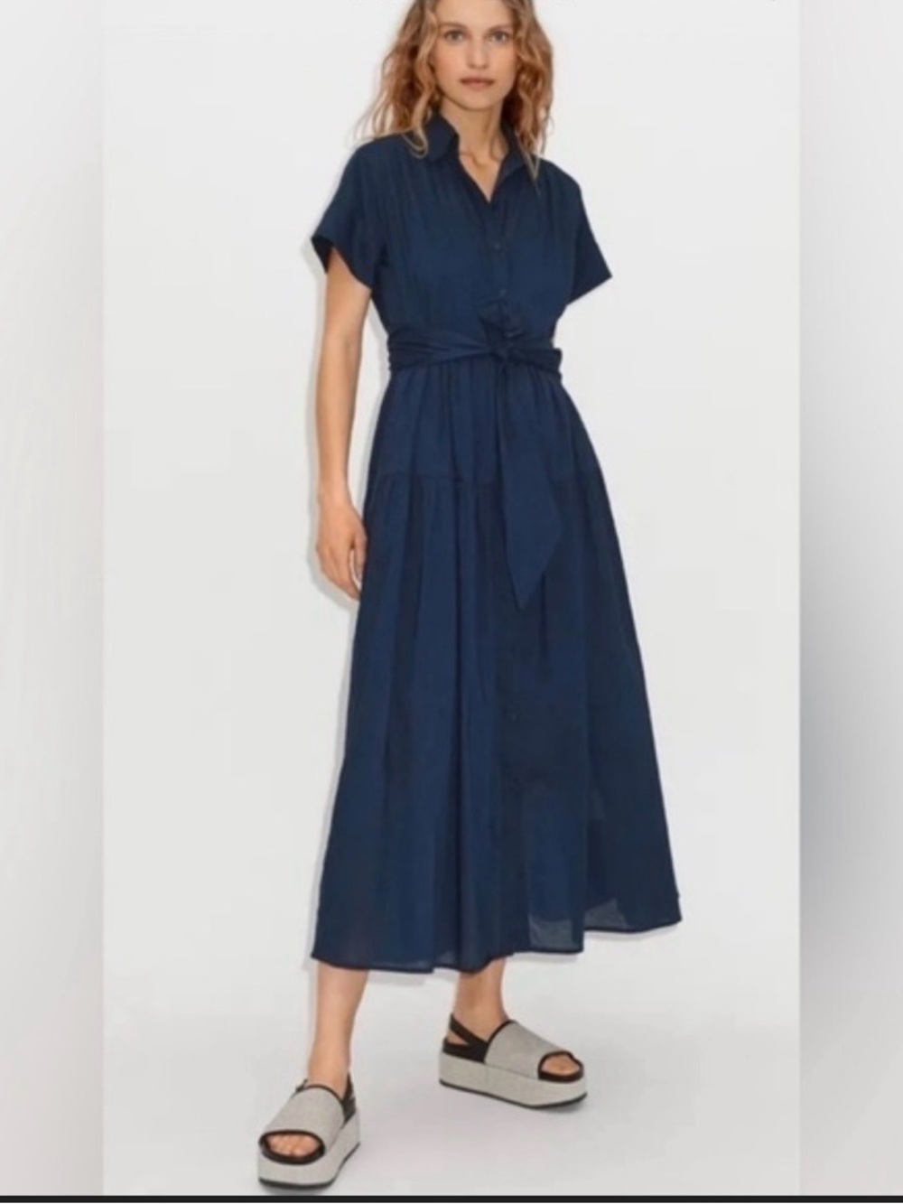 ME+EM Navy Button-Front Tie-Waist Maxi Shirt Dress